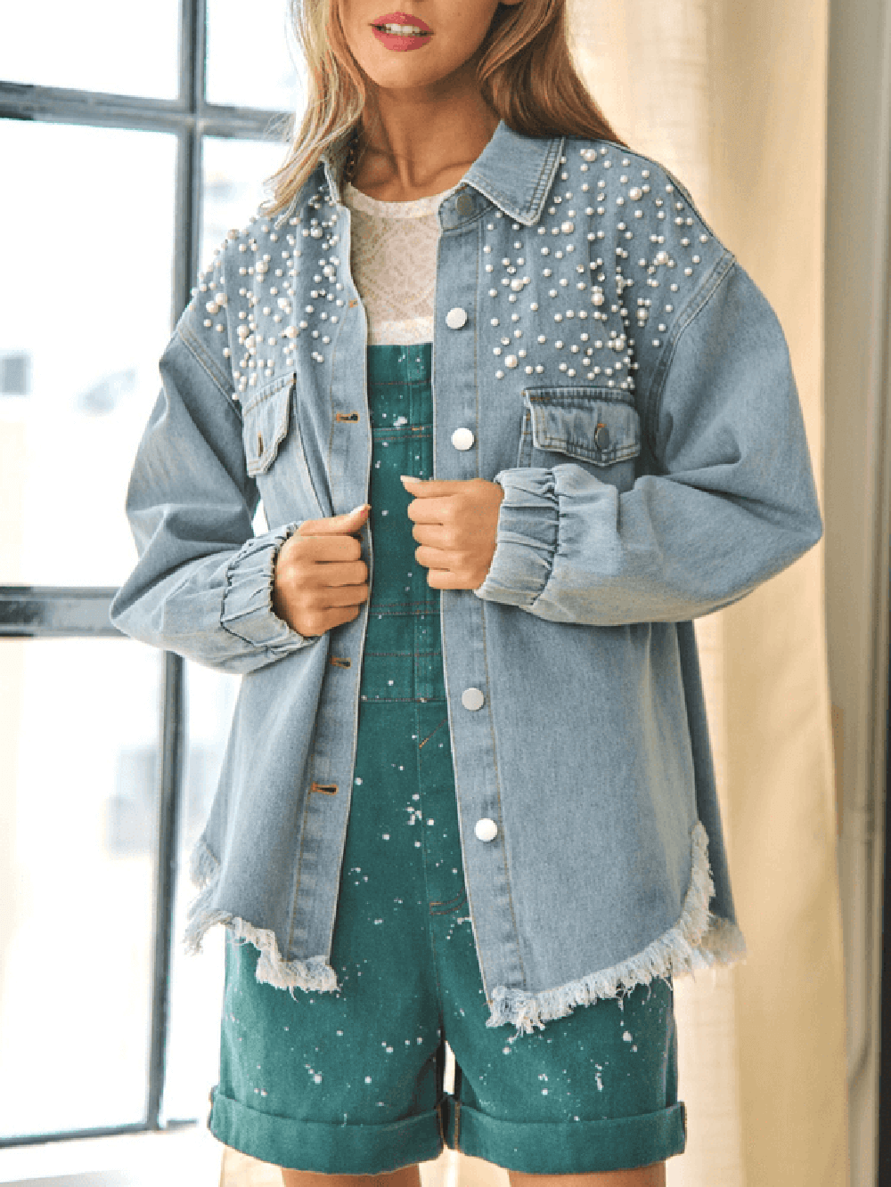 Perlenmädchen Übergroß Jeansstoff  Shacket