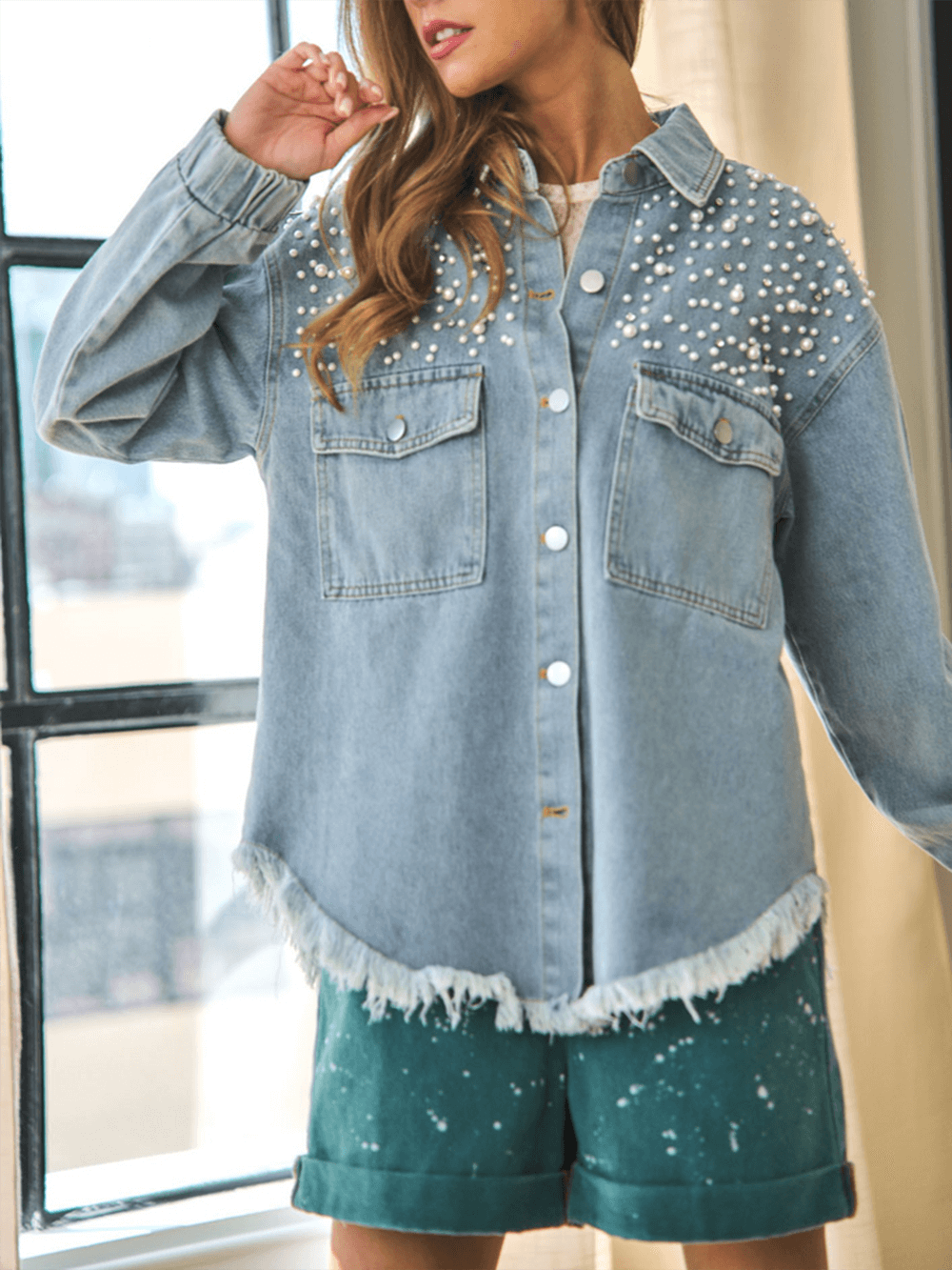 Perlenmädchen Übergroß Jeansstoff  Shacket