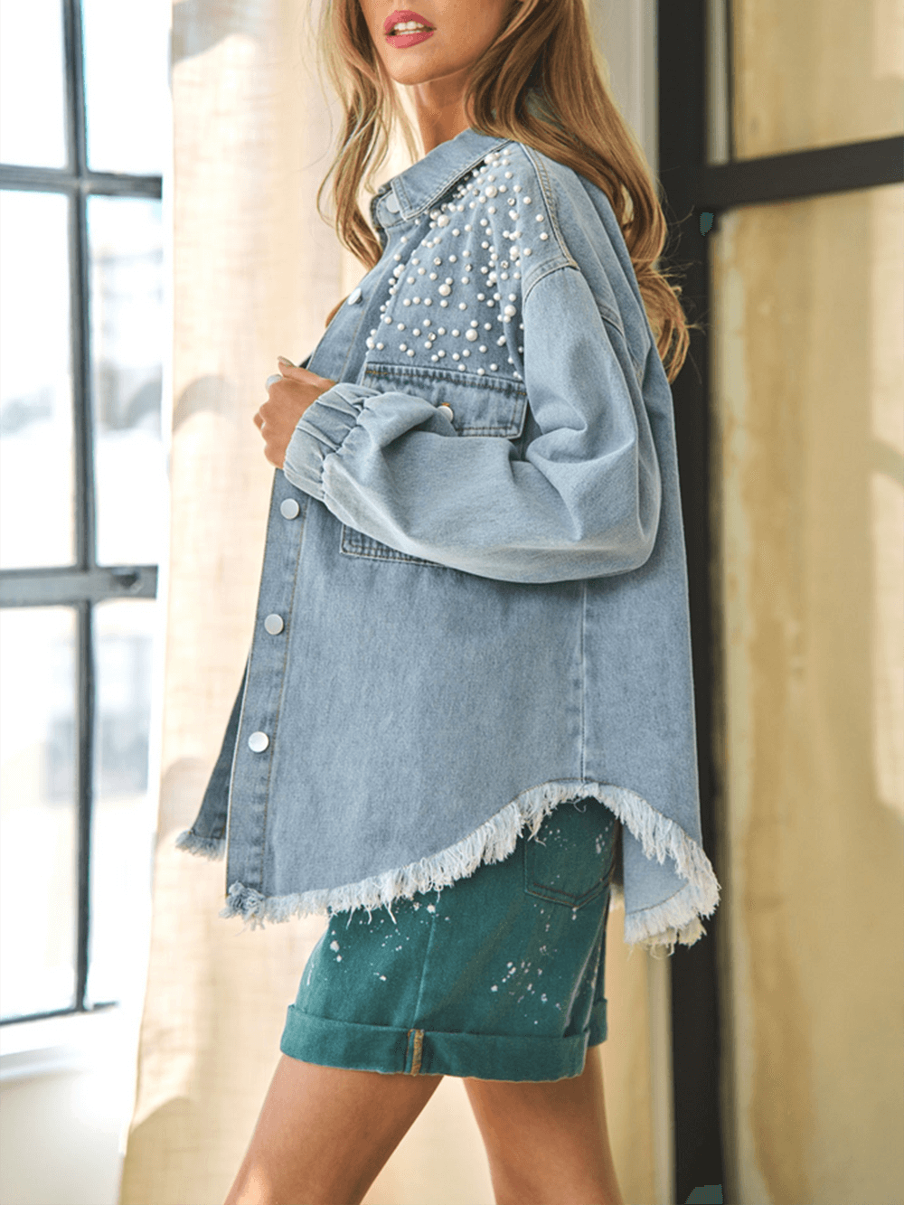 Perlenmädchen Übergroß Jeansstoff  Shacket