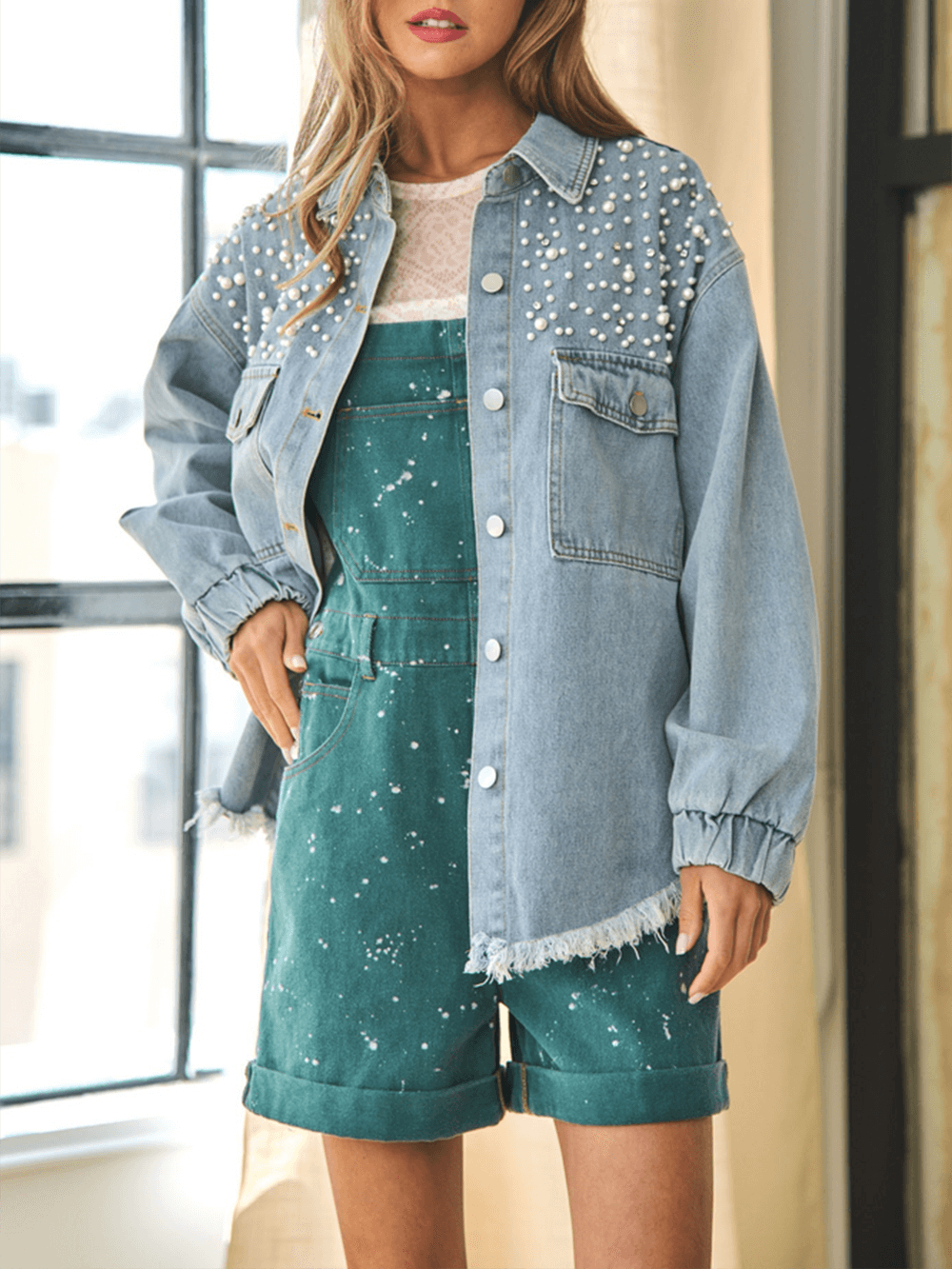 Perlenmädchen Übergroß Jeansstoff  Shacket
