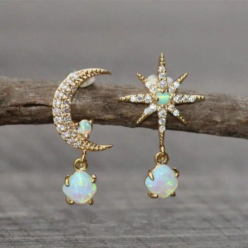 Mond und Stern Ohrringe aus Goldene und Opal